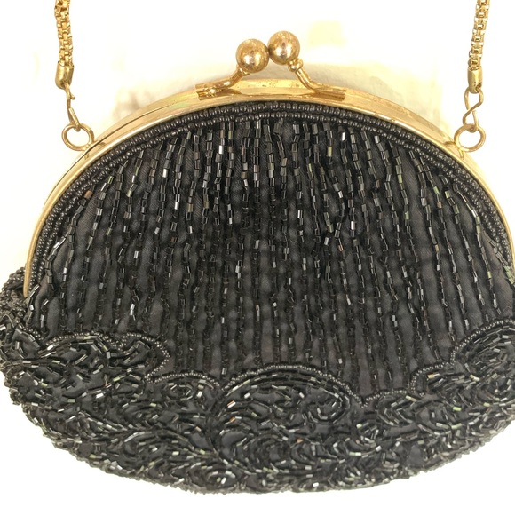 Vintage Black Beaded Evening Clutch Purse w/ Chain - Picture 5 of 10